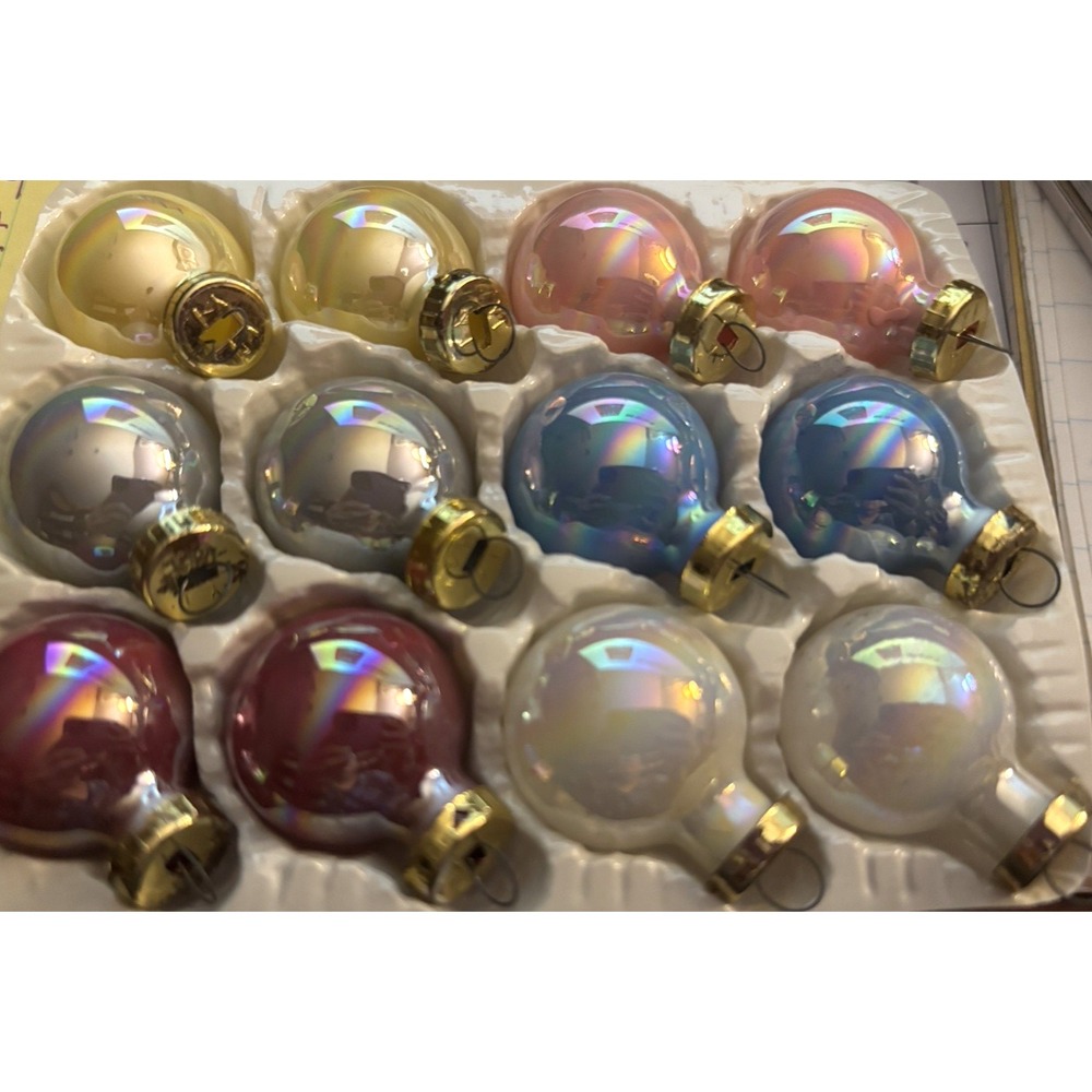 Vtg Christmas Ornaments LOT of 24 Iridescent Glass Balls 1" Blue Pink Taiwan